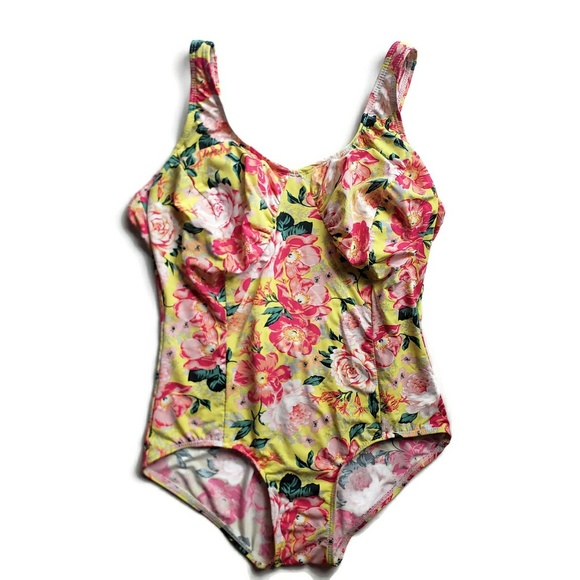 Nicole K Pink Yellow Floral 1 Piece Bathing Suit swim wear Small - Picture 1 of 6